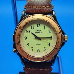 Vintage 2002 Timex Indiglo Expedition 35mm Mens Quartz Watch Braided Leather